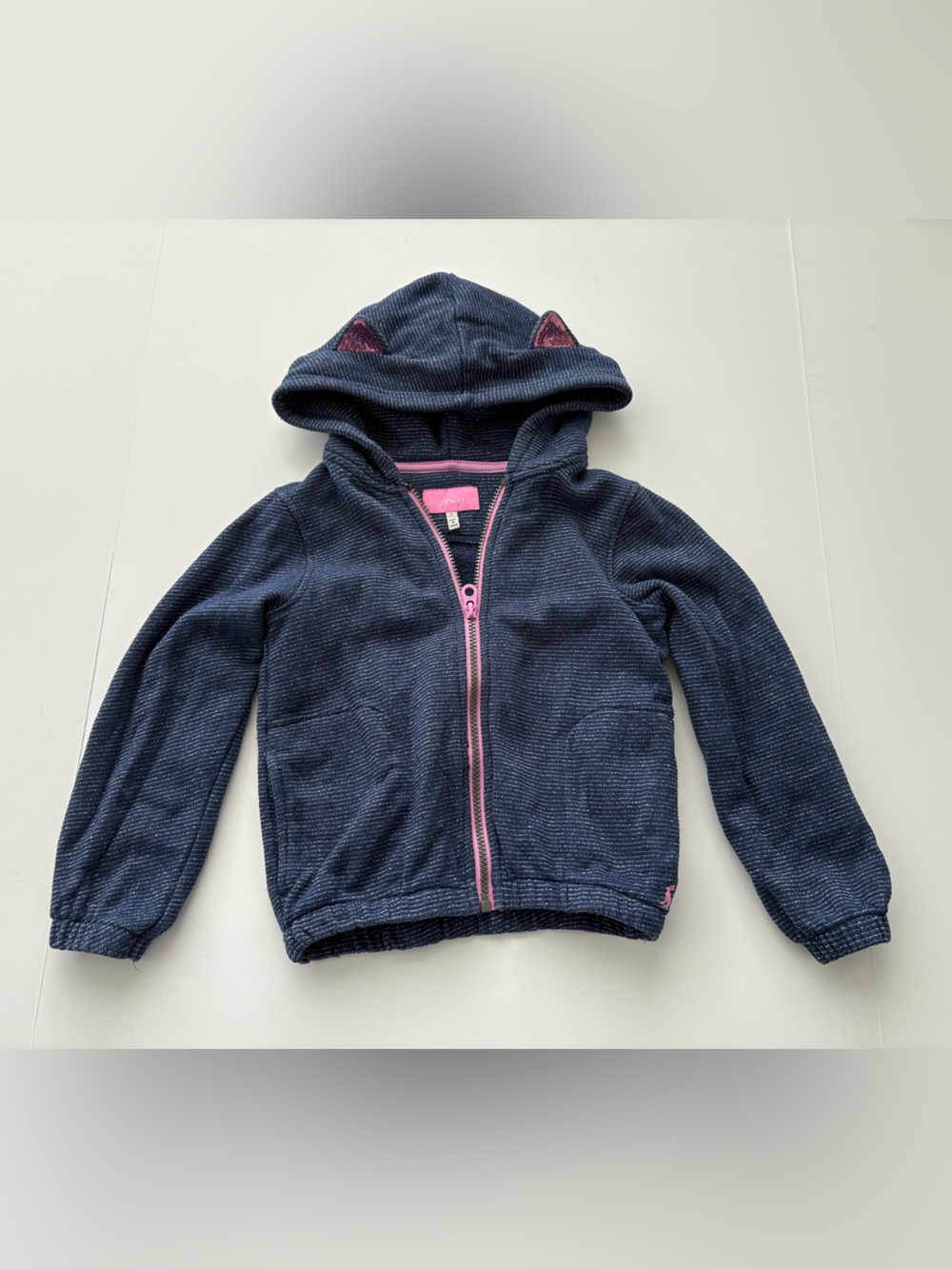 KIDS Joules Girls Kitty Cat Ear Hoodie Navy Pink Sparkle Full Zip Size 6Y